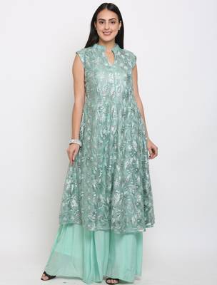 Blue embroidered net cotton-kurtis 1