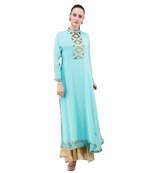 Blue embroidered georgette cotton-kurtis