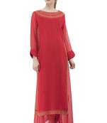 Red embroidered georgette cotton-kurtis