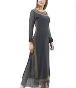Grey embroidered georgette cotton-kurtis