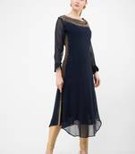 Blue embroidered georgette cotton-kurtis