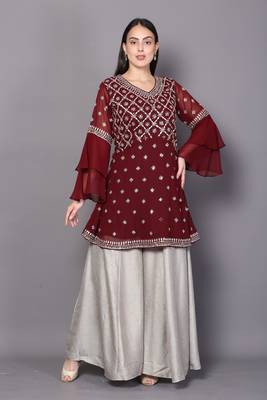 Maroon embroidered georgette cotton-kurtis 1