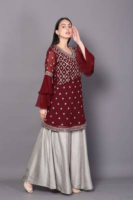 Maroon embroidered georgette cotton-kurtis 3