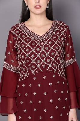 Maroon embroidered georgette cotton-kurtis 5