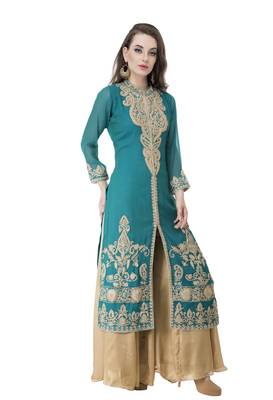 Blue embroidered georgette cotton-kurtis 3