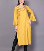 Yellow embroidered rayon cotton-kurtis