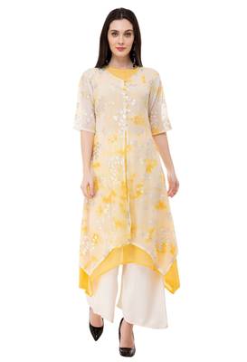 Yellow embroidered georgette cotton-kurtis 1