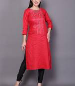 Red embroidered cotton cotton-kurtis