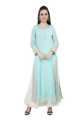 Blue embroidered georgette cotton-kurtis 1
