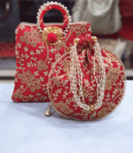 Red Colored Sequin Worked Pearl Chained Potli Bag With Handbag