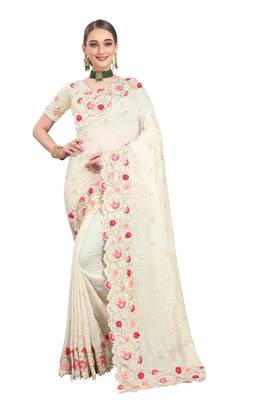 Off white embroidered art silk saree with blouse 1