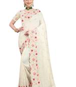 Off white embroidered art silk saree with blouse