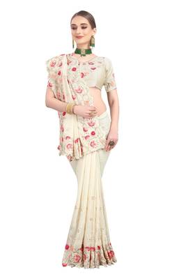 Off white embroidered art silk saree with blouse 2