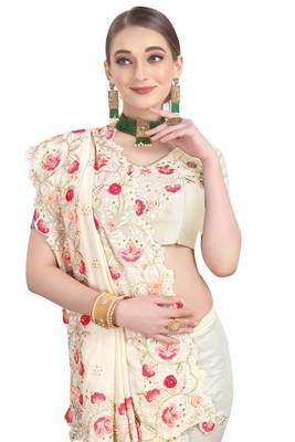Off white embroidered art silk saree with blouse 3