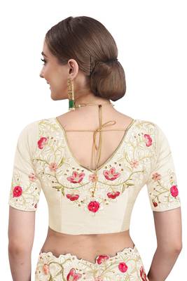 Off white embroidered art silk saree with blouse 4