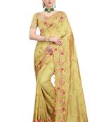 Light yellow embroidered art silk saree with blouse