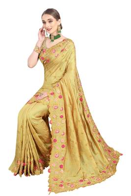 Light yellow embroidered art silk saree with blouse 2