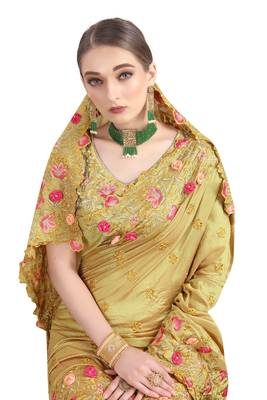 Light yellow embroidered art silk saree with blouse 3