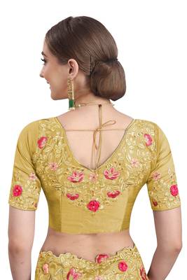 Light yellow embroidered art silk saree with blouse 4