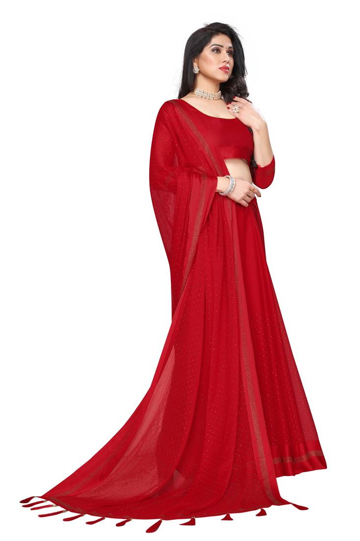 Women's Chiffon Red Embellished Designer Saree With Blouse Piece main image 0