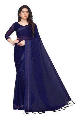 Navy Blue Embroidered Chiffon Saree With Blouse 1