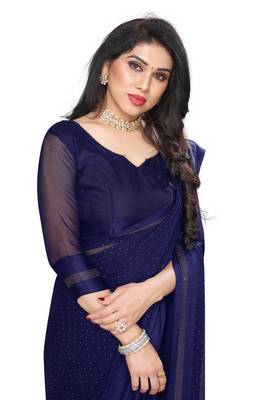 Navy Blue Embroidered Chiffon Saree With Blouse 4