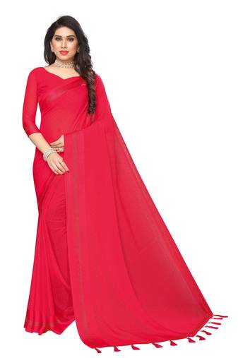 Red Embroidered Chiffon Saree With Blouse