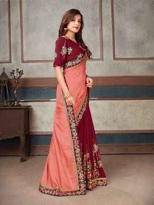Peach embroidered art silk saree with blouse 3