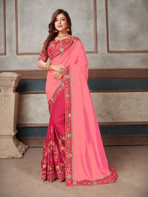 Pink embroidered art silk saree with blouse 1
