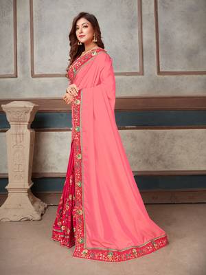 Pink embroidered art silk saree with blouse 2