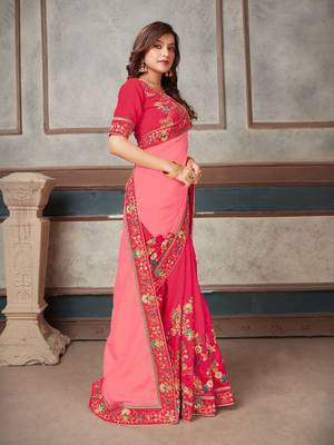 Pink embroidered art silk saree with blouse 3