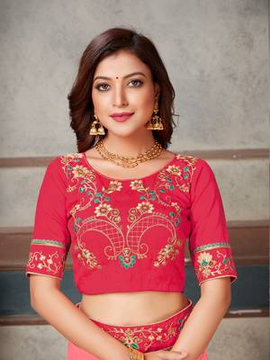 Pink embroidered art silk saree with blouse 4