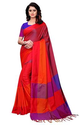 Red woven cotton silk saree with blouse 1