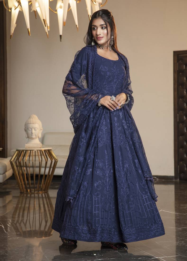 Navy-blue thread embroidery georgette Semi Stitched anarkali salwar