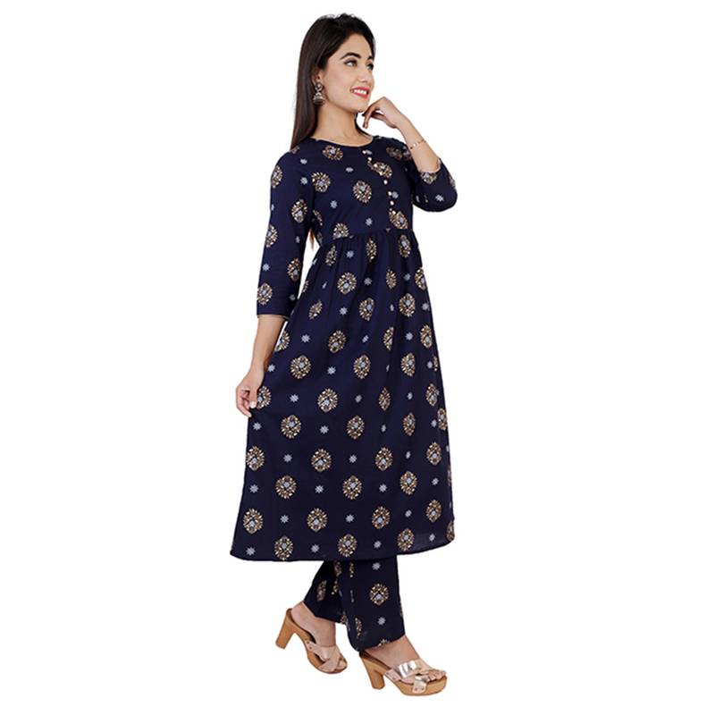 Navy-blue printed cotton ethnic-kurtis