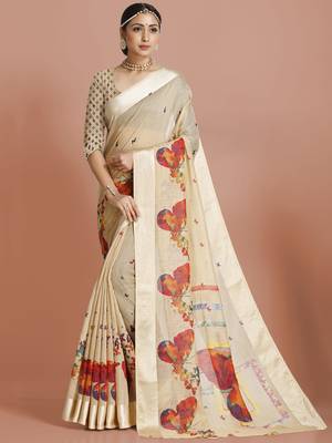 Beige woven banarasi silk saree with blouse 1