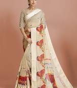 Beige woven banarasi silk saree with blouse