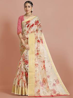 Beige woven banarasi silk saree with blouse 1