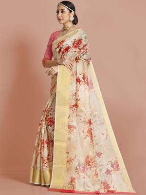 Beige woven banarasi silk saree with blouse 3