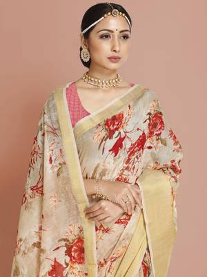 Beige woven banarasi silk saree with blouse 4