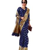 Navy blue woven art silk saree with blouse
