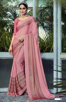 Pink printed chiffon saree with blouse 1