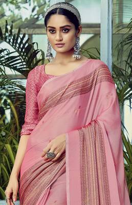Pink printed chiffon saree with blouse 2