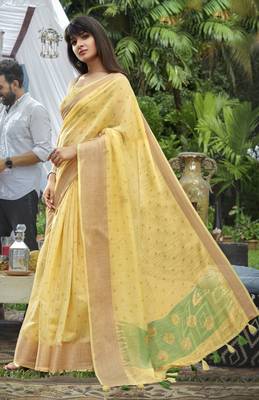 Yellow printed cotton saree with blouse 1