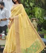 Yellow printed cotton saree with blouse