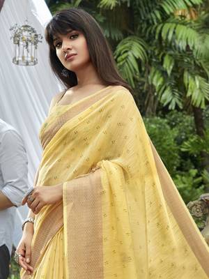 Yellow printed cotton saree with blouse 2
