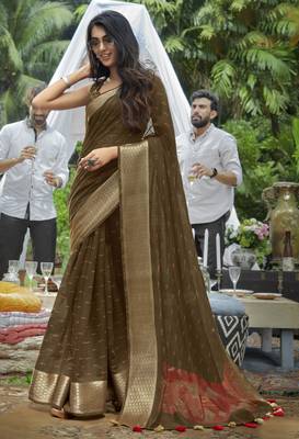 Brown printed cotton saree with blouse 1