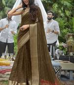 Brown printed cotton saree with blouse