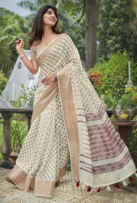 Cream printed cotton saree with blouse 1