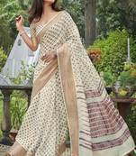 Cream printed cotton saree with blouse